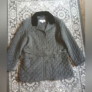 Jones New York Quilted Chore Coat Womens Large Gray Velvet Collar Belted Barn